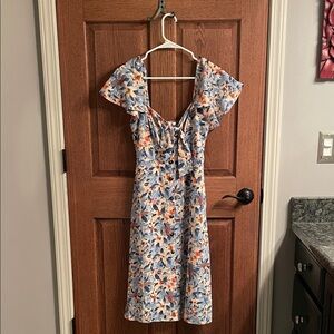 Lush Blue, Orange & White Floral Midi Dress with Front Tie